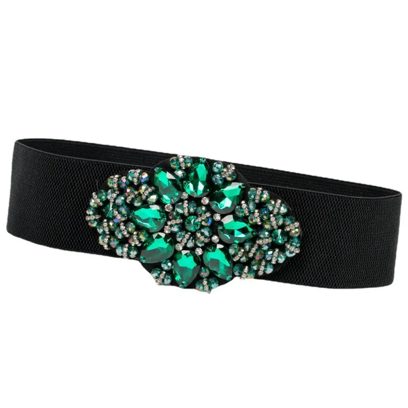 

6cm Width Women stretchy belts Luxury green crystal waistband Fashion high waist slim black elasticband Cummerbunds