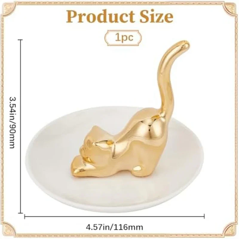 Cats Posture Ring Holder Golden Kitty Tail Dish Jewelry Tray Ring Round Dishes Trinket Tray Ceramic Jewelry Storage Home Durable 6