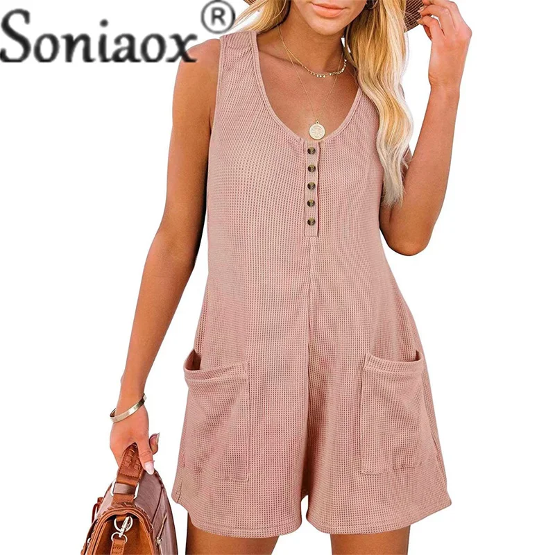 

Summer O Neck Button Splice Jumpsuit Three-quarter Pants Women Commuter Casual Vest Bodysuit Pocket Loose Female Rompers Shorts