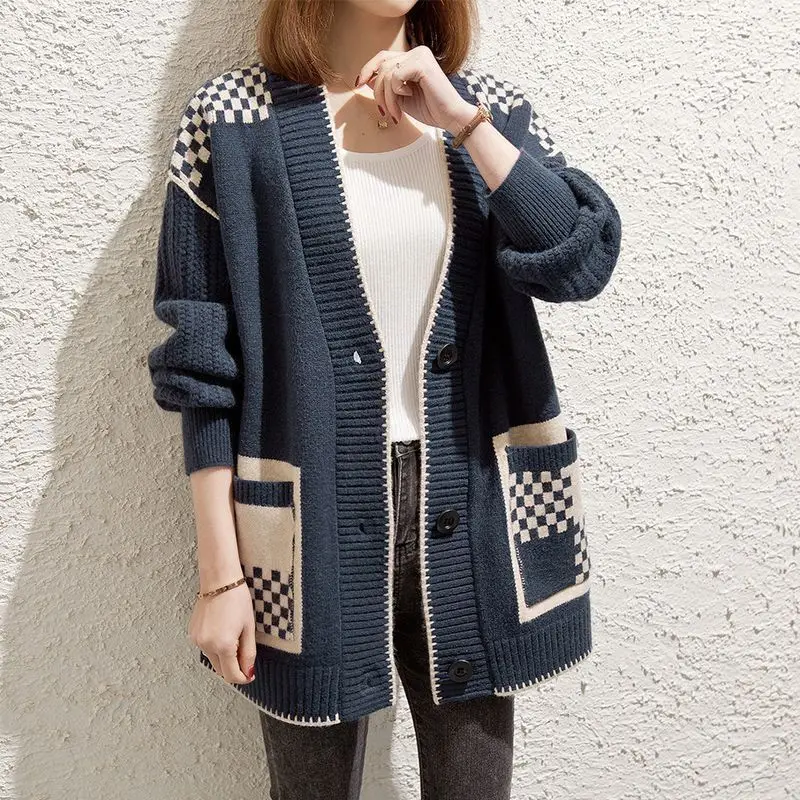 Sweater Women\'s Autumn and Winter New Versatile Korean Version Loose Cardigan Knit Top for Outerwear with Trendy Temperament