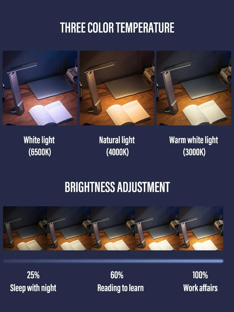 LED Desk Lamp Folding USB Charging Touch Control Dimmable Desktop Eye Protection Reading Study Office Bedroom Bedside