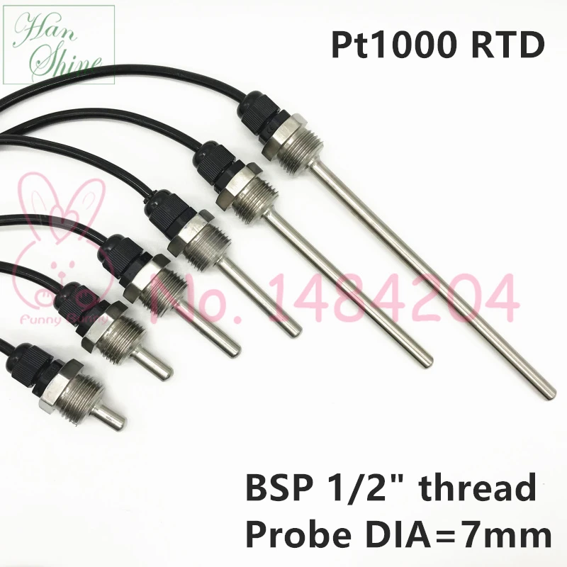 temperature sensor PT1000 Pt100 SUS304 Housing Platinum Resistance BSP G1/2" Thread Probe DIA = 7mm L = 20 50 100 150mm 1.5m Cable,temperature sensor