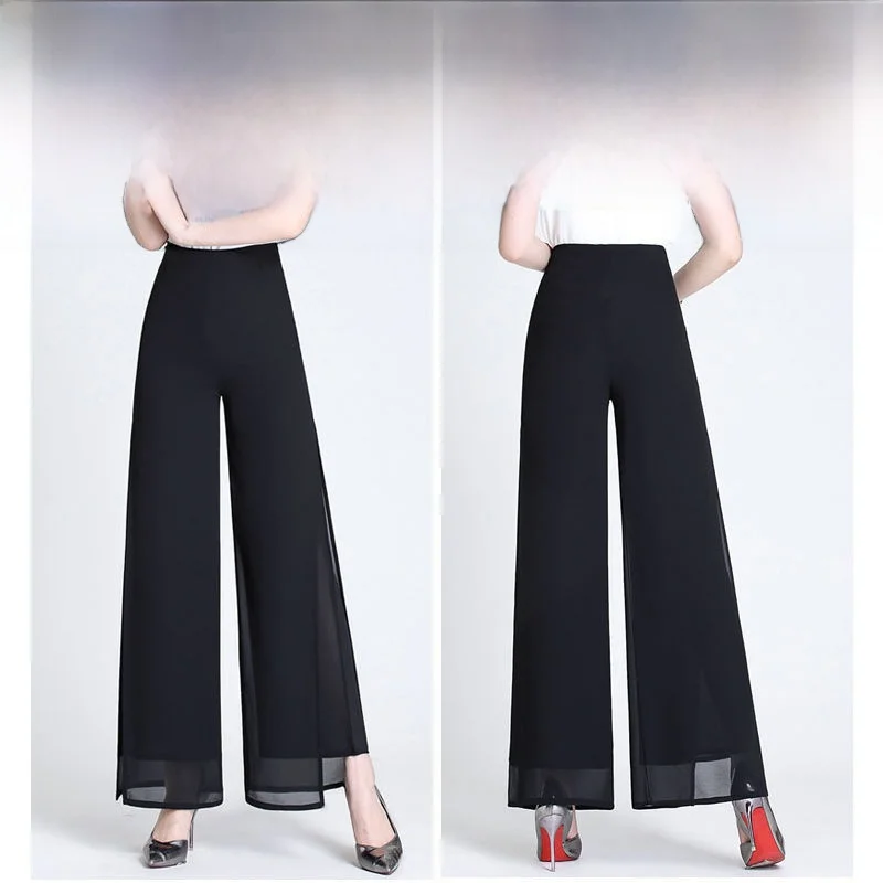 High Waist Wide Leg Pants Women's Summer New Loose Draped Skirt Pants Thin Model Open Split Long Pants Chiffon Casual Trousers