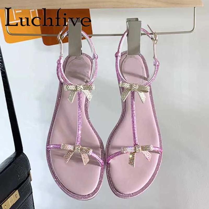 

2022 Summer Crystal Butterfly Knot Flats Sandals Women Peep Toe Buckle Strap Shoes Casual Party Shoes Daily Walking Sandals