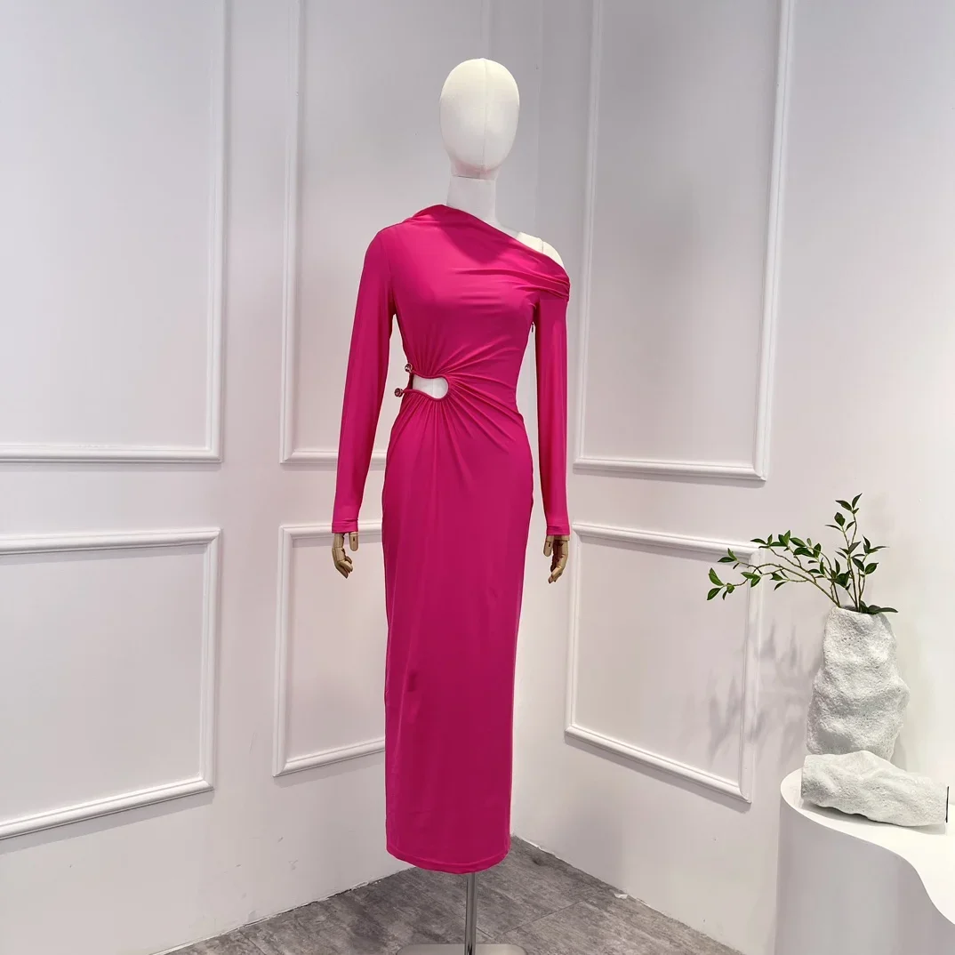 

2023 New Collection Solid Elegant Cut Out One Shoulder Waist Full Sleeve Woman Rose Red Long Dress for Holiday