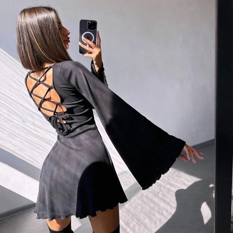 New Fashionable Women's Round Neck Long-sleeved Backless Dress Retro Horn Sleeve Hollow Strap Solid Color A-word Short Skirt