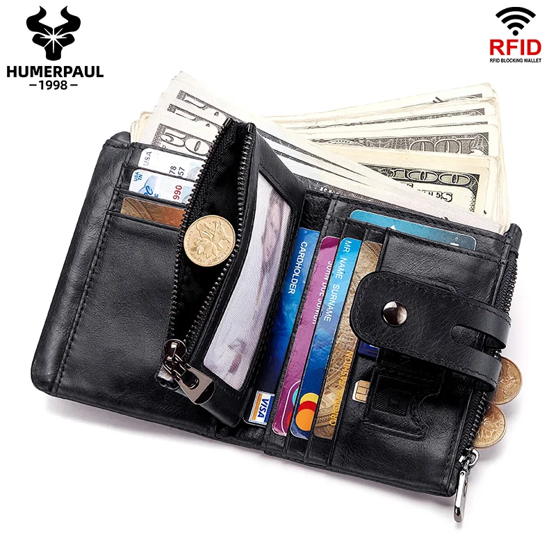 LAREET Portafoglio in vera pelle al 100% con pelle bovina per uomo Porta carte di denaro Borsa RFID Tasca portamonete corta con doppia cerniera Bifold maschile - immagine 3