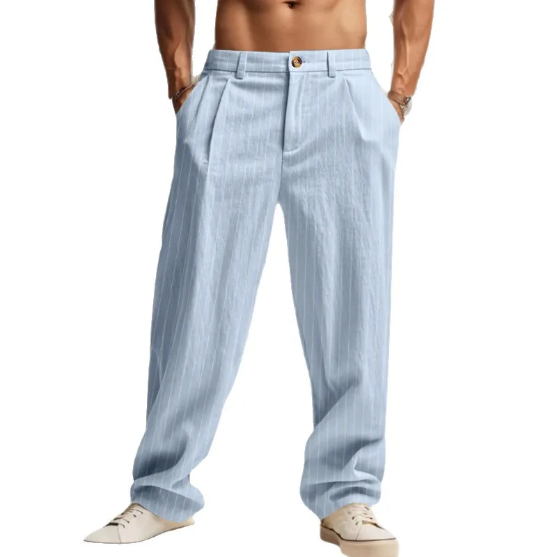 Men Autumn Spring Elastic Waist Striped Workwear Trousers