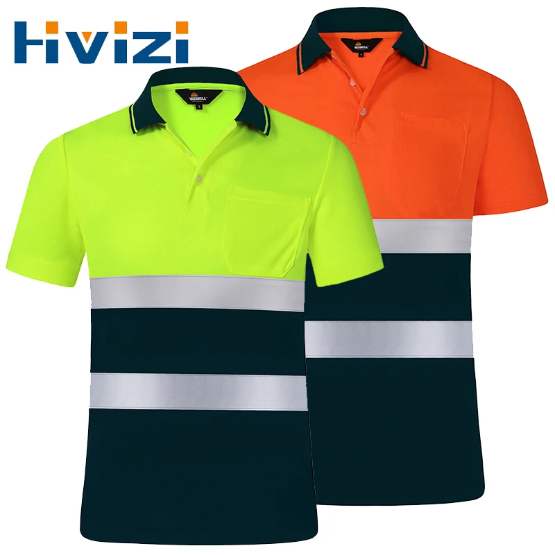 Hi Viz Safety Polo Shirt Orange High Visibility Reflective With Pockets Quick Dry Night Work T-shirt