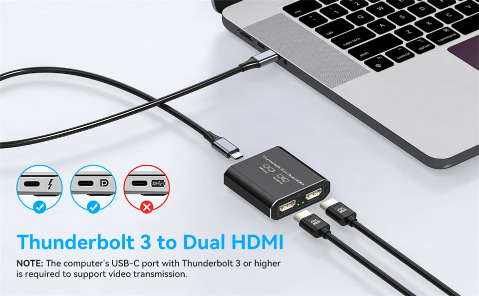 4K 60Hz Thunderbolt 3 to Dual HDMI Adapter USB C Type C to HDMI Hub Splitter 1 I