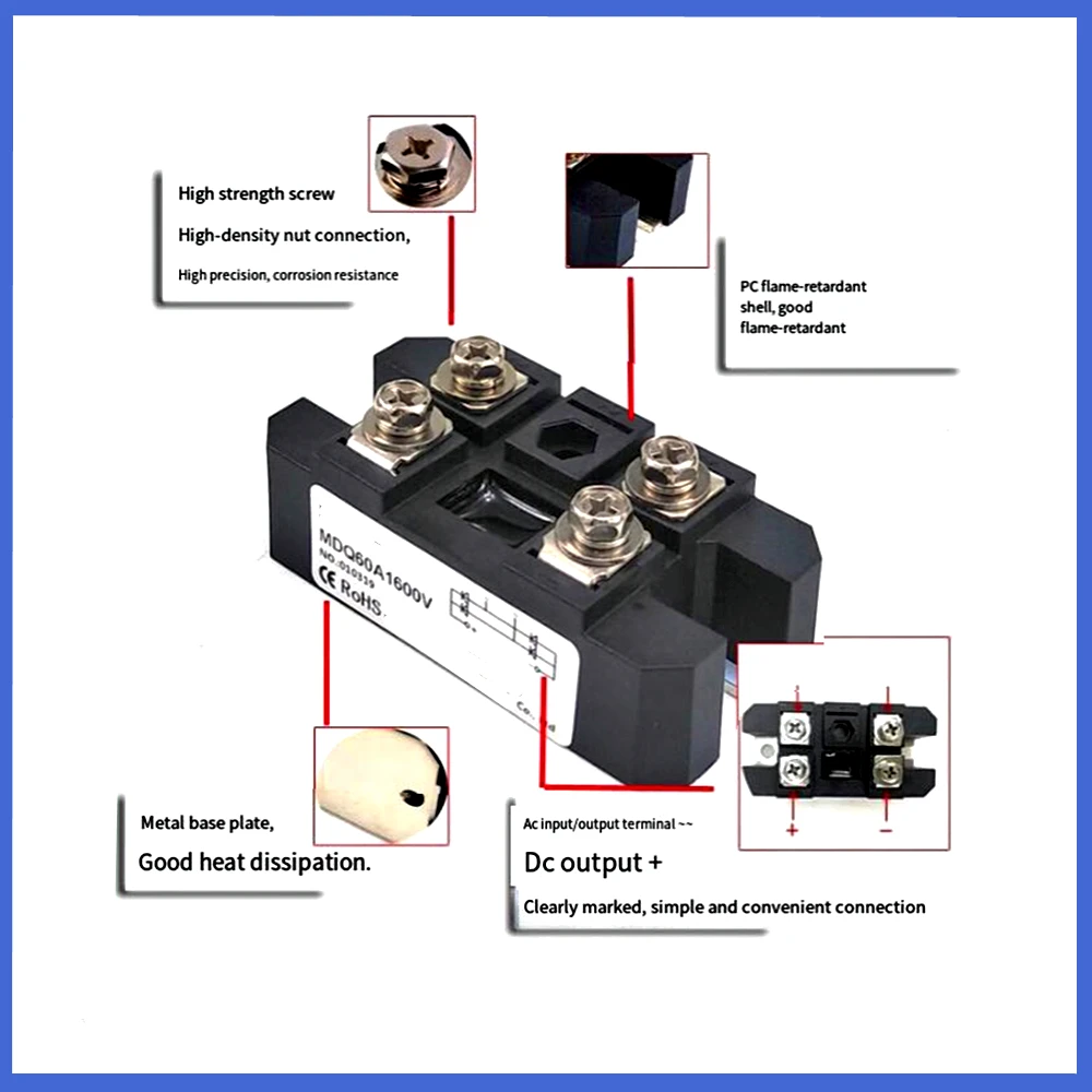MDQ60-16 단상 정류기 브리지 정류기 모듈, MDQ40A, 60A, 600V, 800V, 1000V, 1200V, 1400V, 1600V, 1800V, 2000V, 2500V, M340