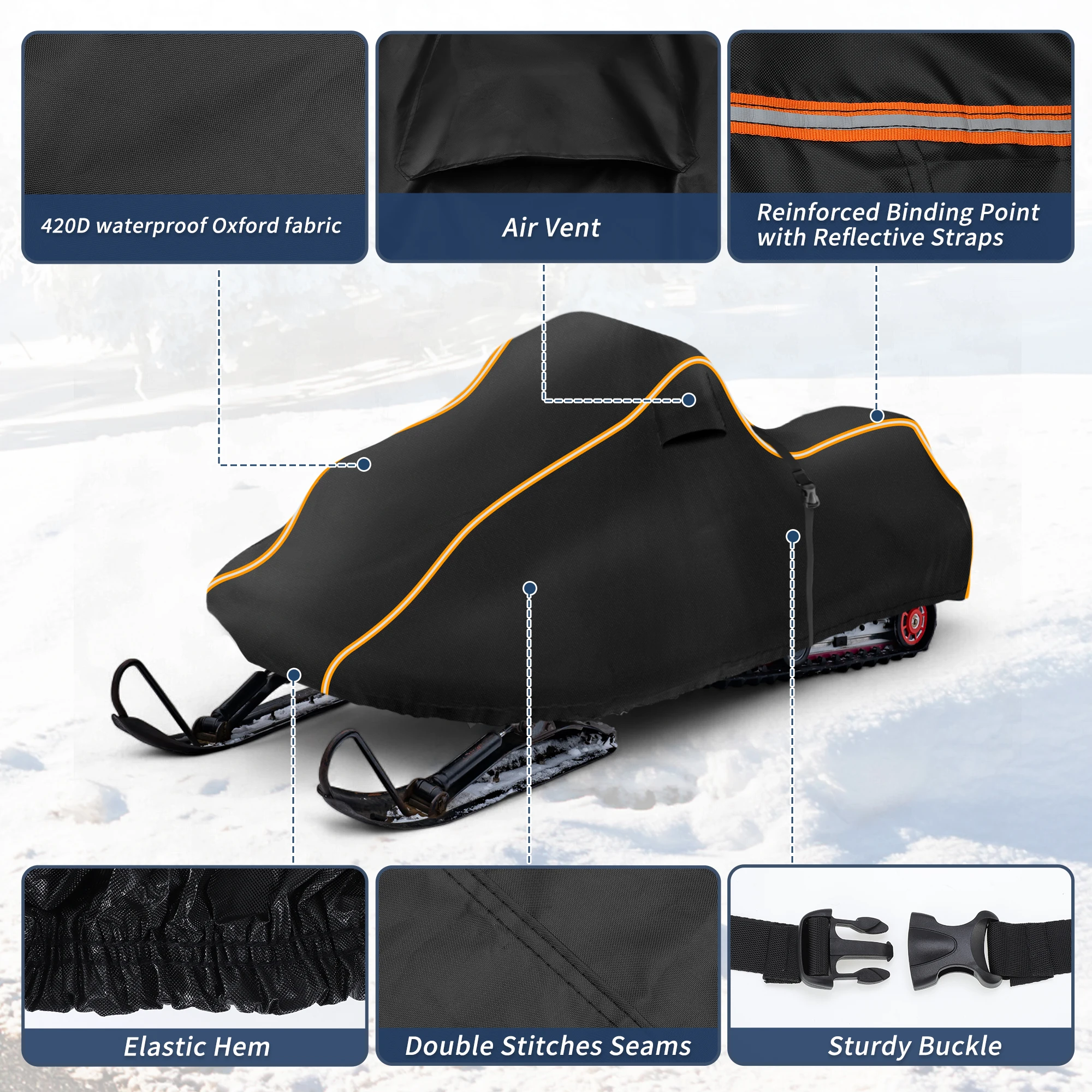 Motoforti 106"-115"/116"-130"/131"-145" wasserdichte Schneemobil-Abdeckung aus 420D Oxford-Gewebe für Ski-Doo Arctic Cat Yamaha – Detail 2