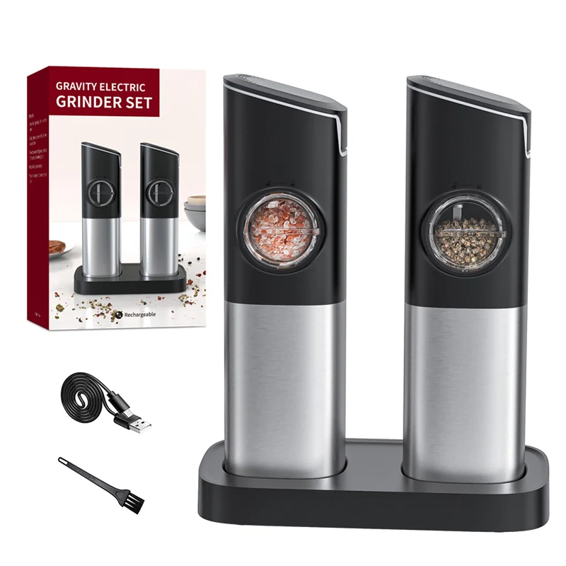 Rechargeable Electric Pepper and Salt Grinder Set One-Handed Automatic Black Pepper corn & Salt Spice Mill Set with Type-C Cable electric pepper grinder gravity electric salt and pepper mill grinder pack of 2