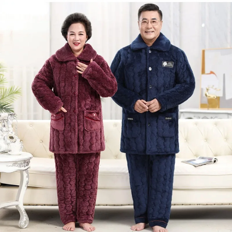 

Couples Pajamas Thickened Winter Velvet Three-layer Cotton Middle-aged Elderly Parents Coral Velvet Warm Household Clothing Suit