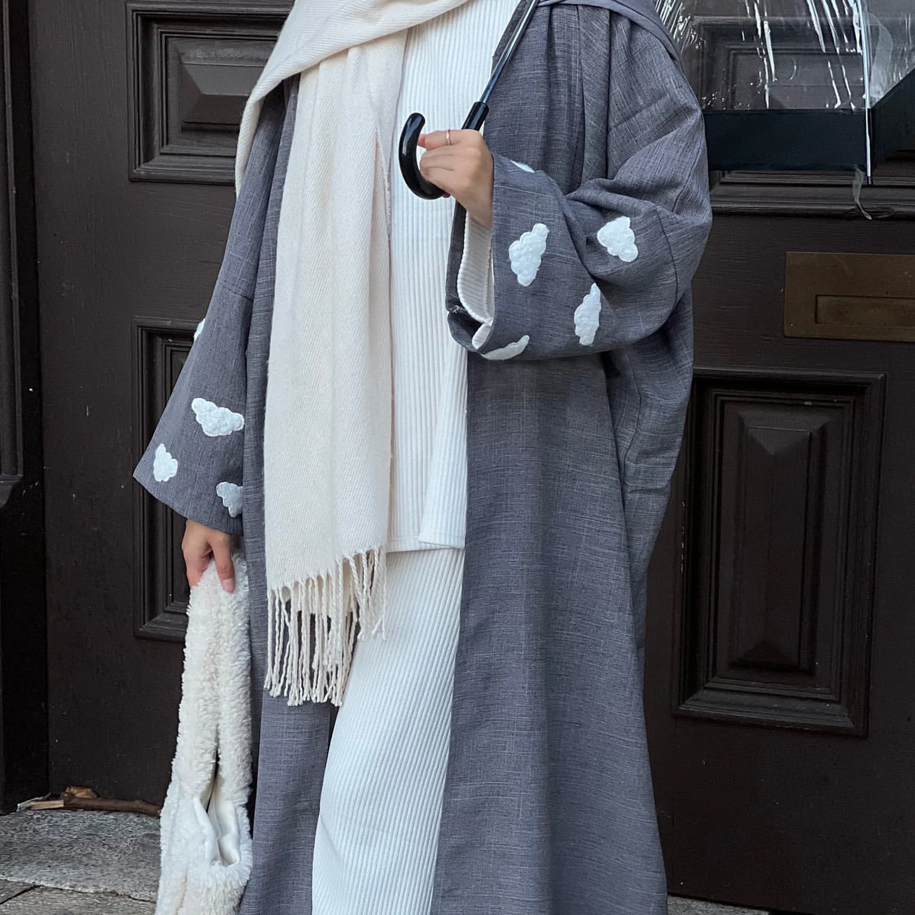 Cotton Linen Open Abaya Kimono Cloud Embroidery Muslim Outwear Turkish Abayas for Women Dubai Islam Modest Clothes Kaftan Dress