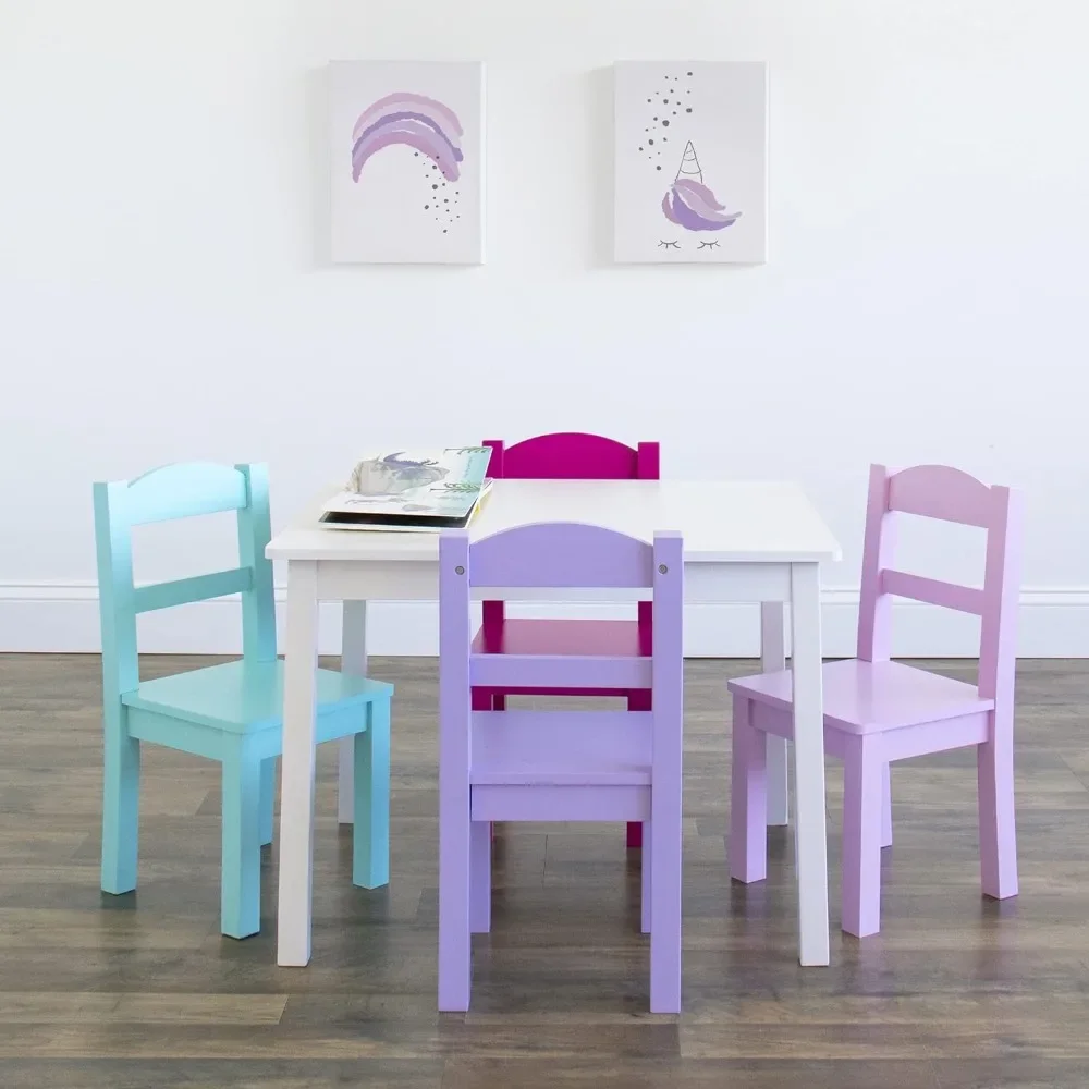 

Kids Wood Table and Chair Set (4 Chairs Included) - Ideal for Arts & Crafts, Snack Time, Homeschooling,White, Pink, Purple