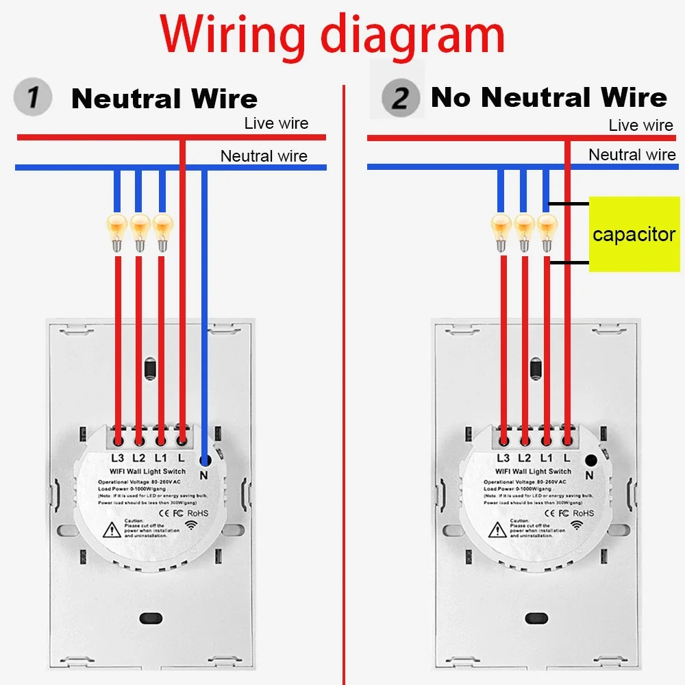 Smart switch Tuya WiFi Smart Light US Switch 1/2/3/4 Gang Neutral Wire/No Neutral Wire Required Wall Touch Switch Work with Alexa Google Home smart switch module