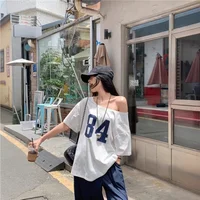 Y2K Goth Kwaii K-fashion Prints T-shirt T shirt Women Casual Loose Number Crop Top Off Shoulder Sexy Tee Tshirt Woman Clothing