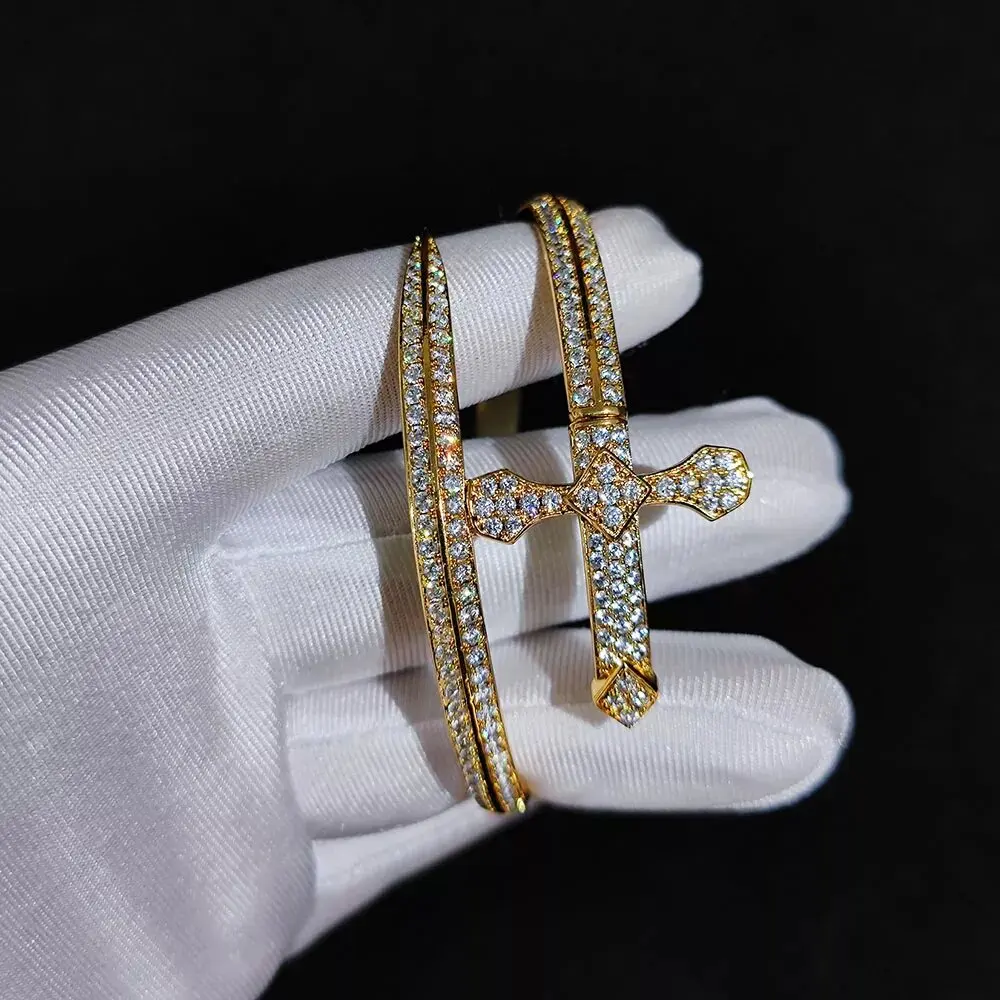 Custom Fashion Women Men Sword of Justice Cross Bangles Hip Hop 2Row Luxury Diamond CZ Cubic Zirconia Cuff Bracelet