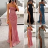 Off-shoulder Gown Dress Elegant Sequin V-neck Maxi Dress for Evening Party Prom Off Shoulder Slim Sexy Split Long Dress