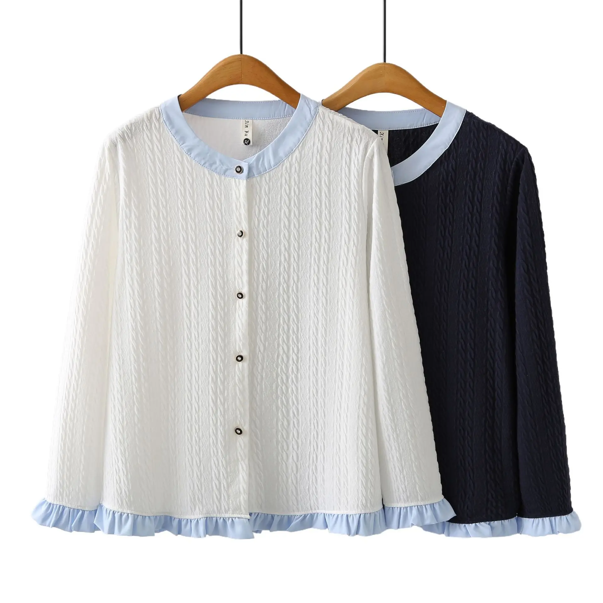 Fashion Plus Size Women's Blouse New Autumn Style Color Blocking Ruffled Hem O-Neck Long Sleeve Tops 812