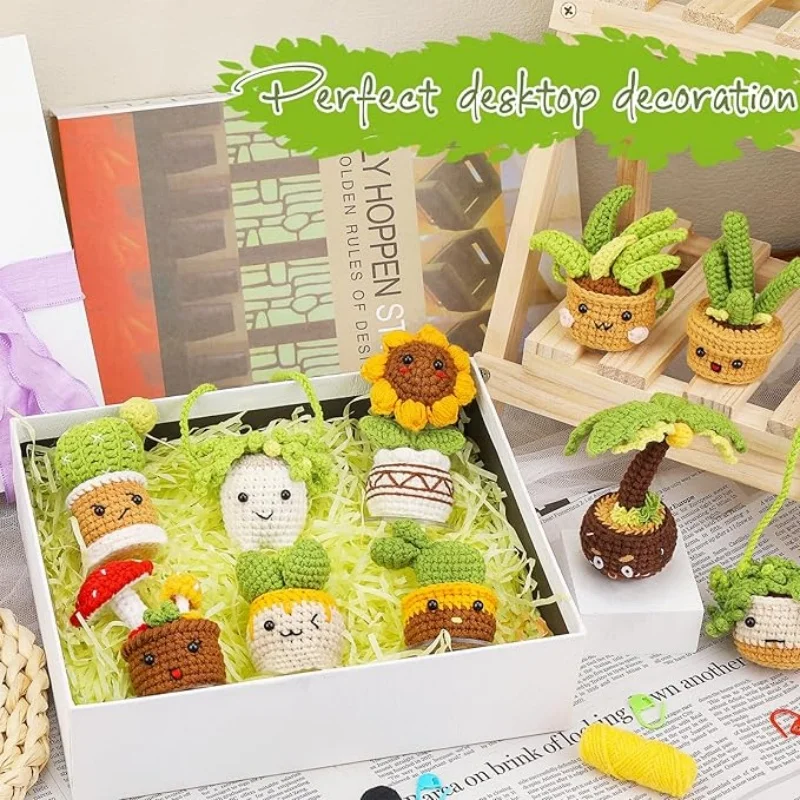 Crochet Kit MIUSIE 11 PCS Potted Plants Crochet Starter Kit Crochet Kit for Adults with Step-by-Step Video Tutorials Craft DIY Knitting