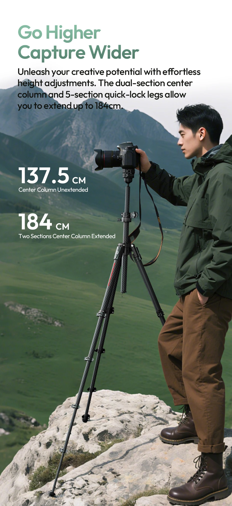 GlideGo Travel Tripod Carbon Fiber Tripod with Dual-Section Center Column for Lo