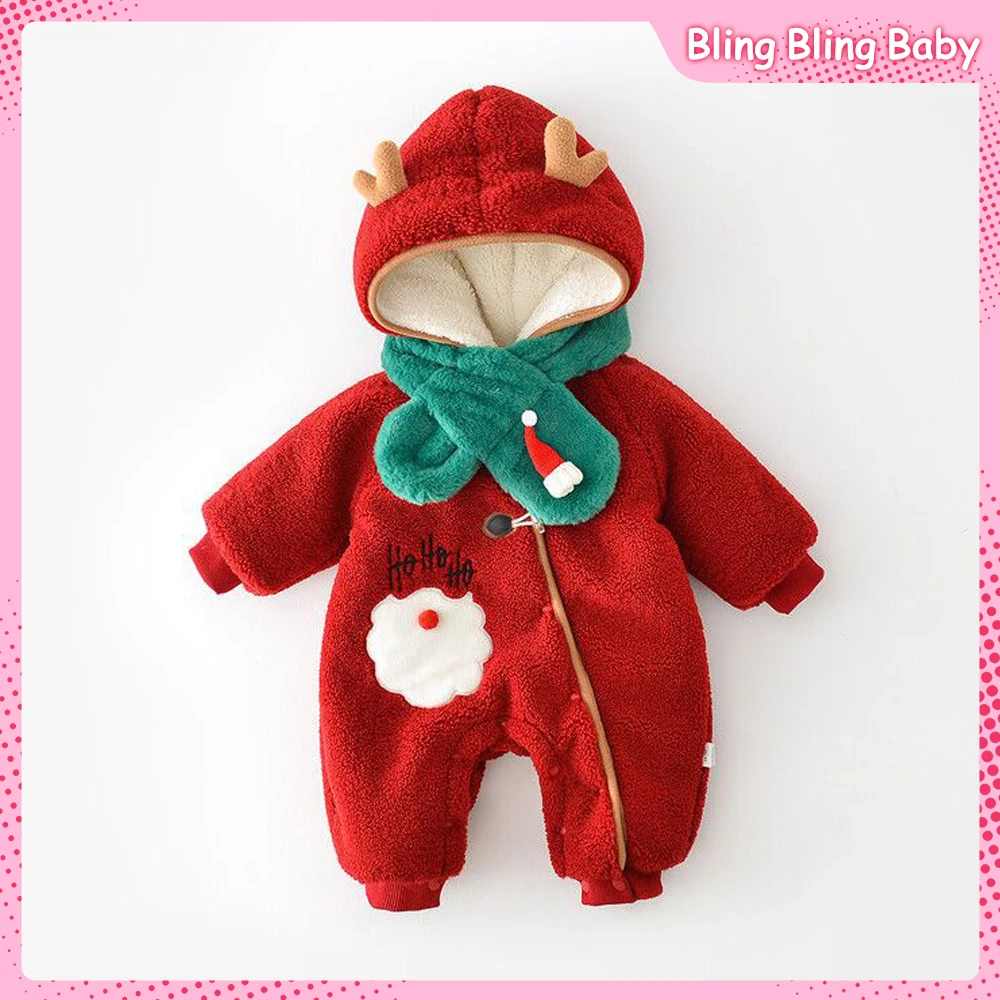 

Kawaii Christmas 2Pcs Newborn Winter Red Onesie Thicken Cartoon Antler Hooded Send Scarf Warm Casual Baby Romper Daily Clothing