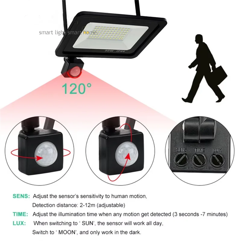 AT05-AC220V LED PIR 투광등 50W 블랙 쉘 방수 야외 유도 스포트라이트 가로등 마당 조명