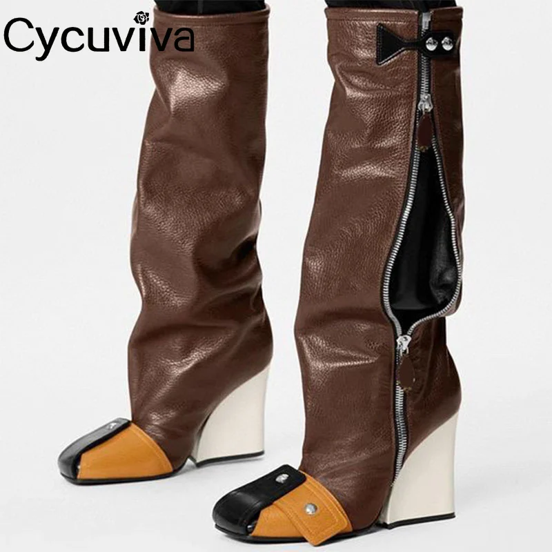 

Designer Wedge Heel Knee High Boots For Women Genuine Leather High Heel Modern Shoes Autumn Patchwork 2023 Brand Long Boots