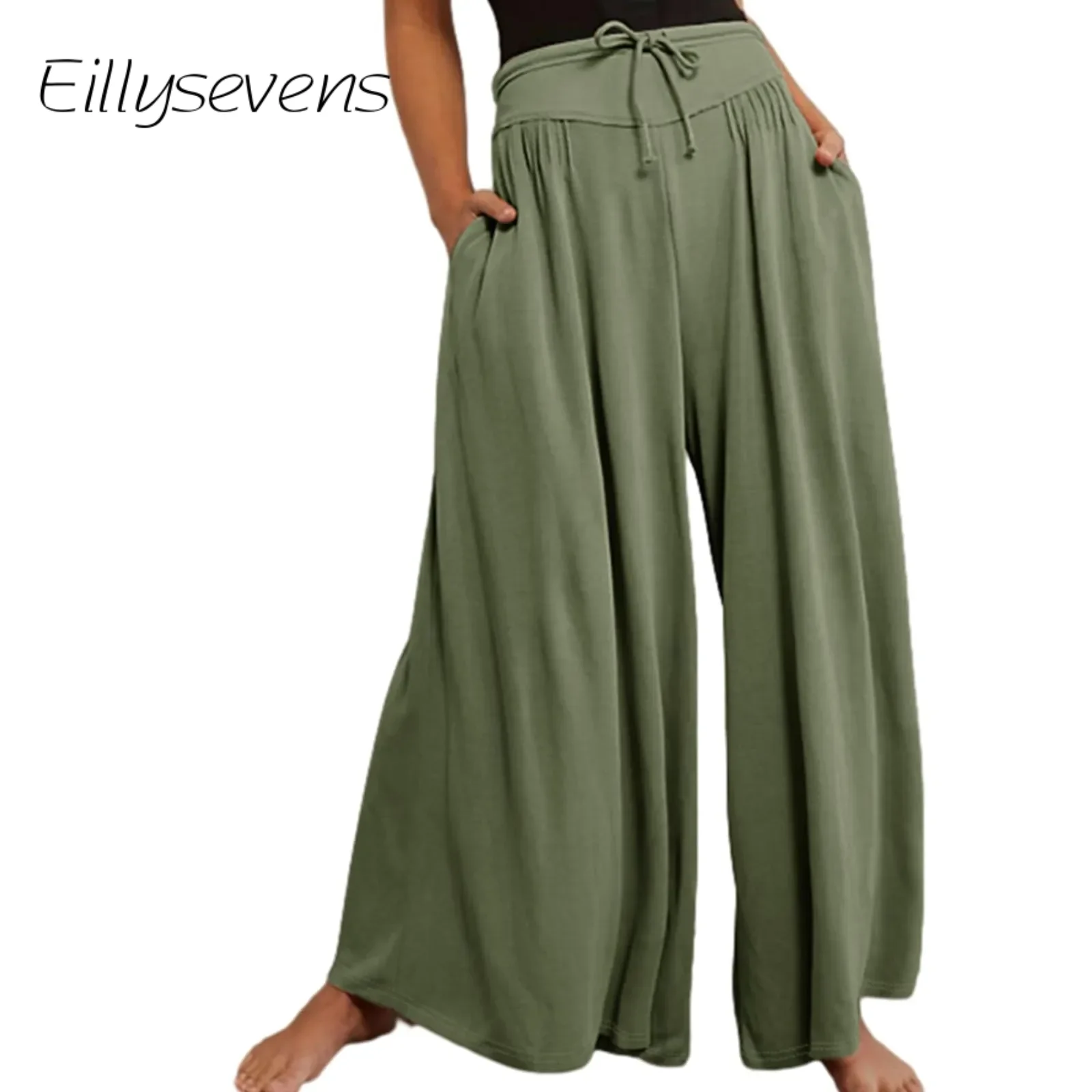 

Women'S Wide Leg Pants Linen Drawstring Vacation Pants Loose Casual Spring Fashion Loose High Waist Palazzo Flowy Trousers