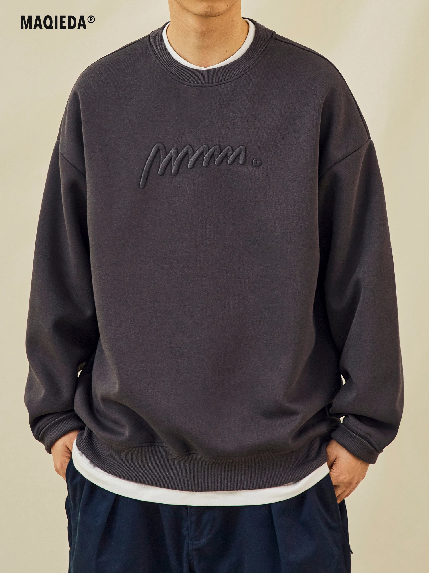 Round Neck Embroidered Sweater Adult Spring Autumn Men's Loose Casual Solid Color Couple Fashion Embroidery Long Sleeve Fashion