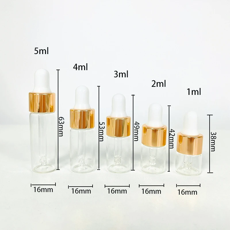 50개 1ml/2ml/3ml/5ml 박스형 투명 미니 유리 드로퍼 병, 에센셜 오일 샘플 휴대용 유리 아이드로퍼 포함