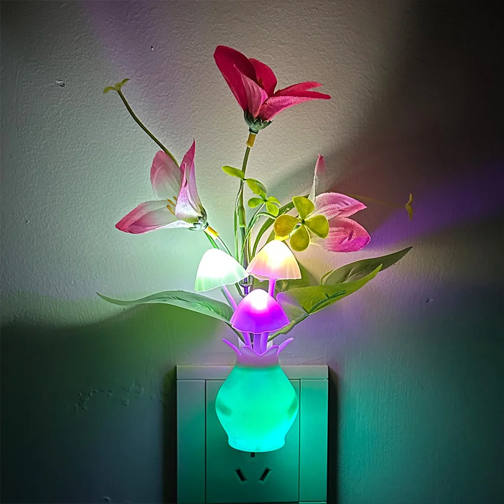 Plug-in Night Light With Built-in Light Sensor, RGB LED Mushroom Night Flower For Bedroom Nursery Kids Room