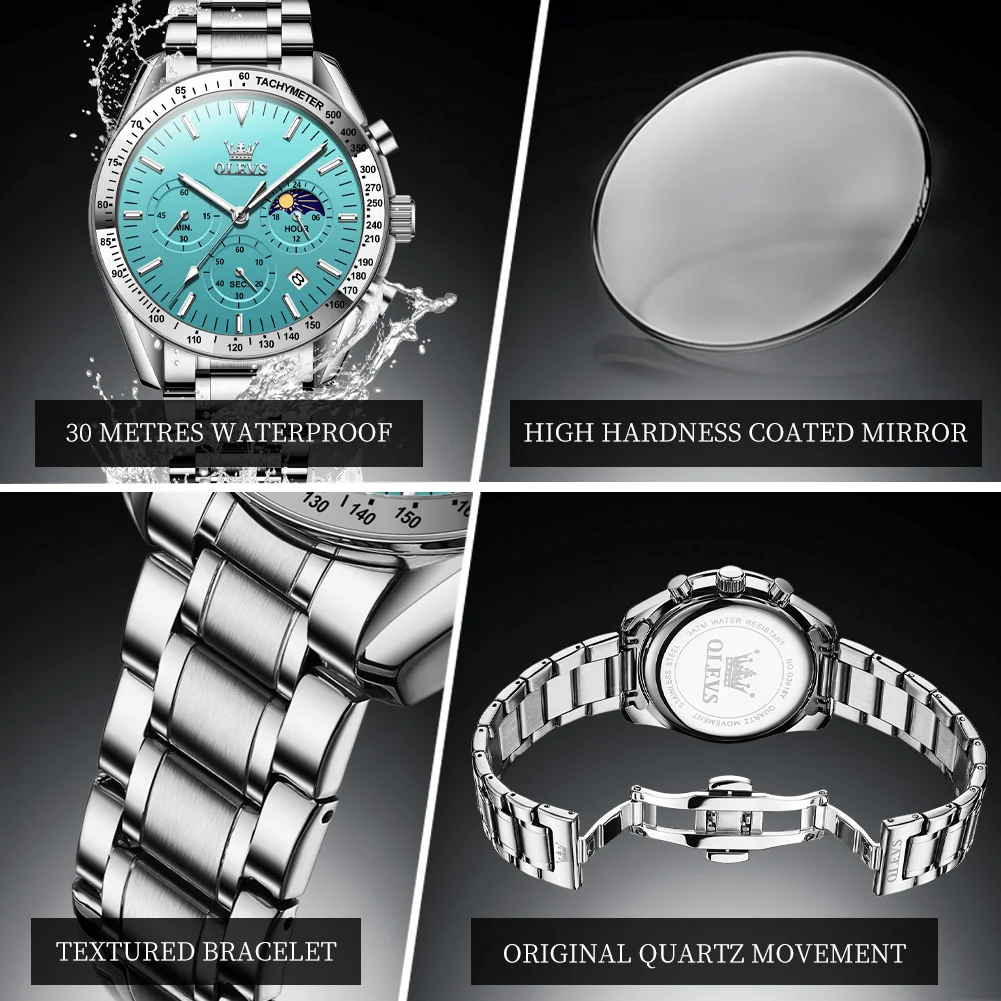 OLEVS 3618 Men's Watch Moon Phase Chronograph Quartz Watch For Men Luxury Waterproof Date Business Man Wristwatch Steel Strap