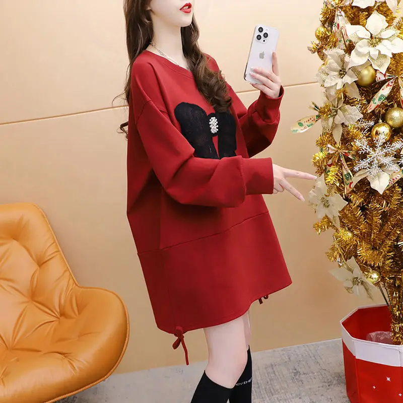 2023 New Women Loose Large Size Pullover Autumn Winter Korean Style Loose and Idle T-shirt Versatile Butterfly Long-Sleeved Top