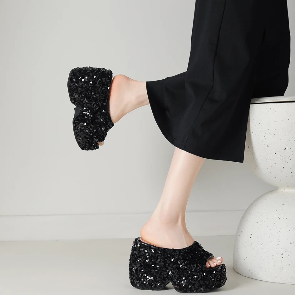 Sparkly Bling Platform Wedges Sandals Women Slip on Sequin Outdoor Slippers Comfy 2024 Summer Shoes Super High Heels Footwear