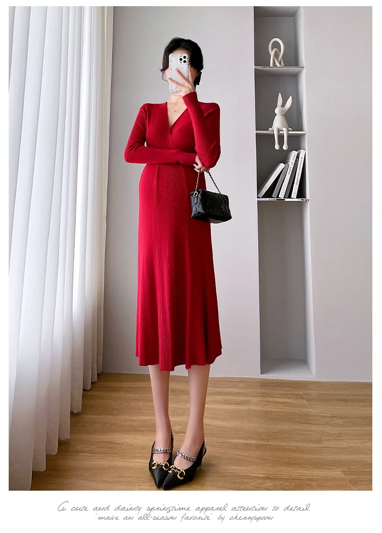 Über V-Ausschnitt gestrickte Mutterschaft pullover Kleid elegant eine Linie schlanke Kleidung für schwangere Frauen Herbst Winter Schwangerschaft tägliche Kleidung – Detail 18
