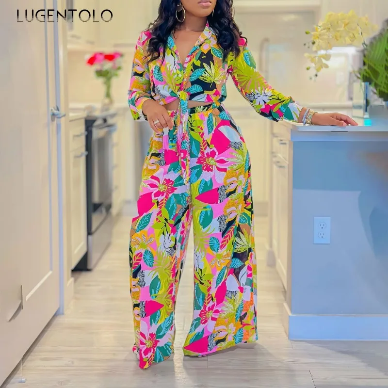 

Женский элегантный комплект из 2 предметов, модный топ с принтом и длинным рукавом, рубашка на шнуровке, широкие брюки с высокой талией, праздничная повседневная одежда