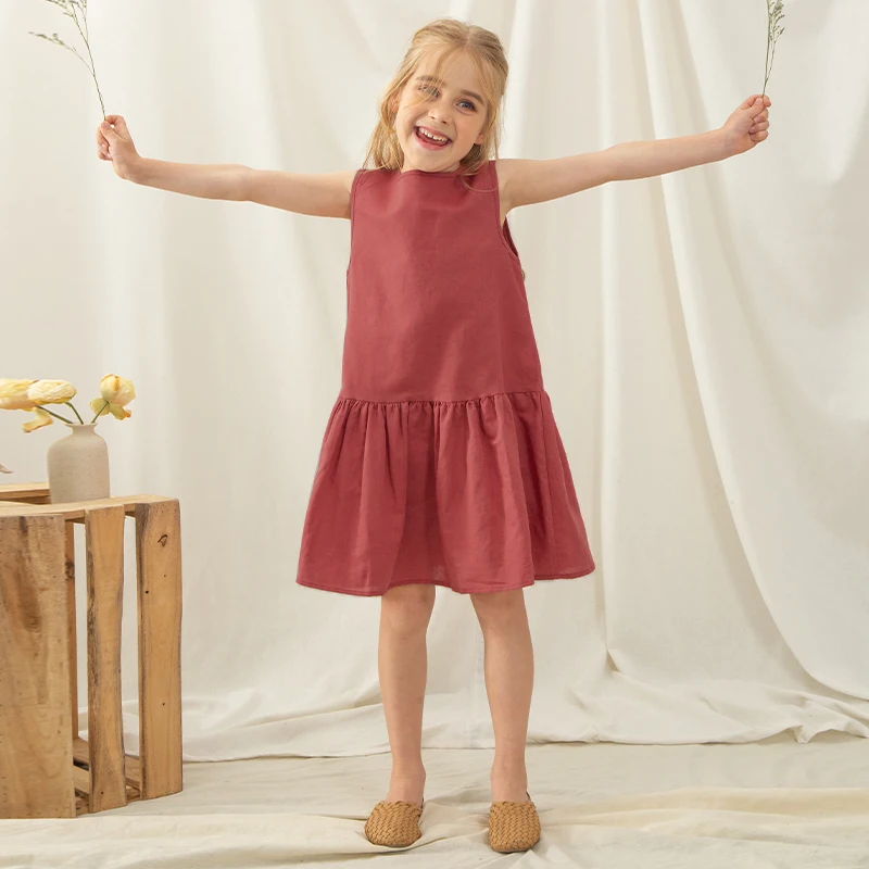 Kids Boatneck Dress   Girls' Cotton And Linen Retro Sleeveless Summer Toddler Girl Ruffled Casual Knee-length Loose Pleated Linen Dresses in Red