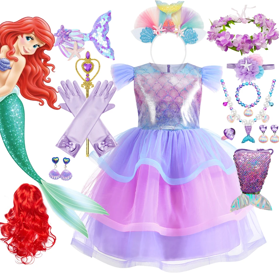

Movie Disney The Little Mermaid Costume for Girls Fancy Princess Ariel Dress Up Layered Mesh Tutu Kids Ball Gowns Halloween