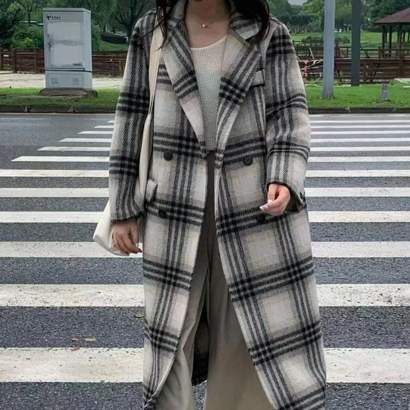 Casual Plaid Loose New Double-sided Wool Coat Woman Fashion Double Breasted Lapel Long Sleeve Woolen Jacket Tide Autumn Winter