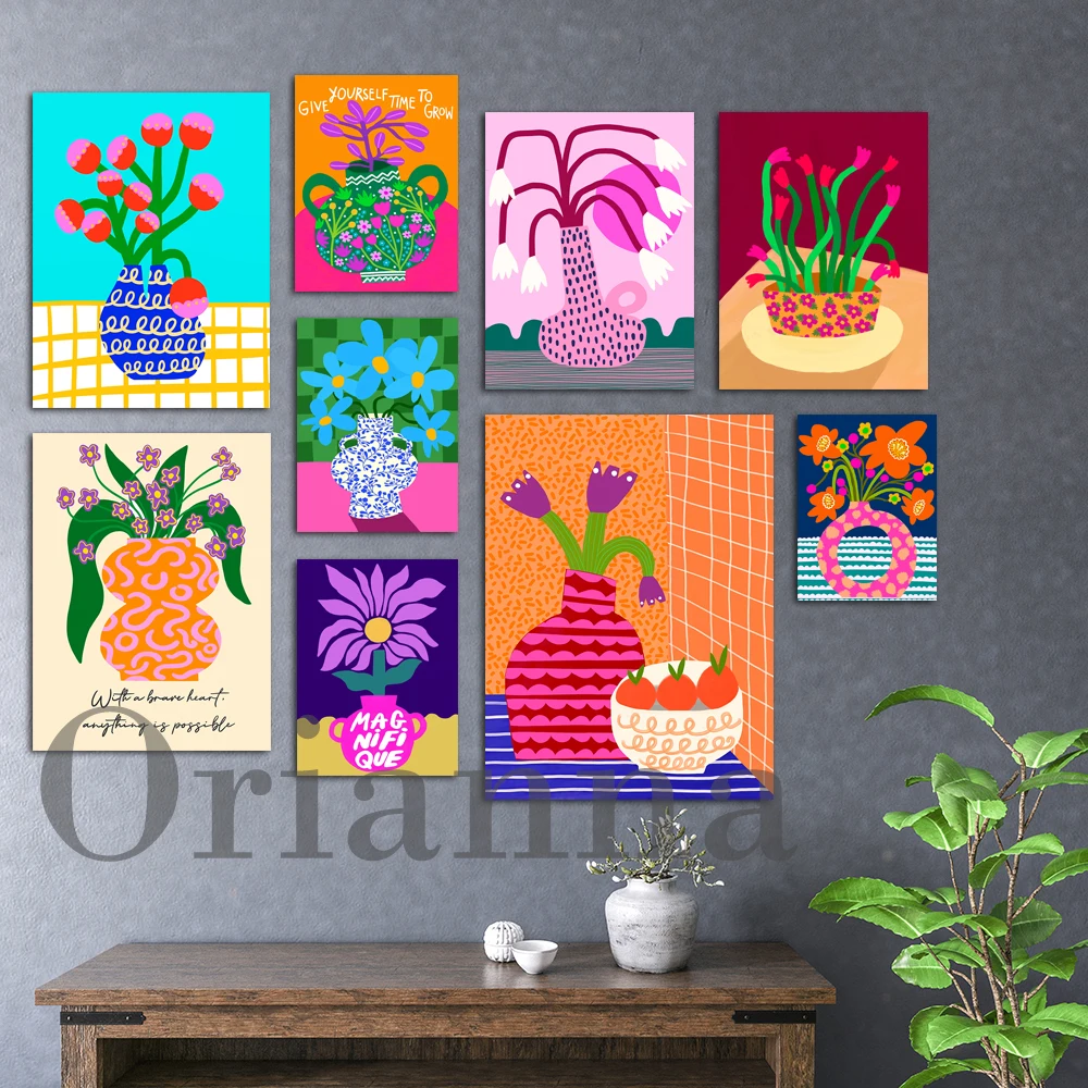 Happy Flowers Poster, Stampa Di Citazioni Floreali, Steli Di Corda Ciotola Fiori Acciughe E Fiori, Pianta Di Citazione, Vaso Di Margherite, Bella Arte