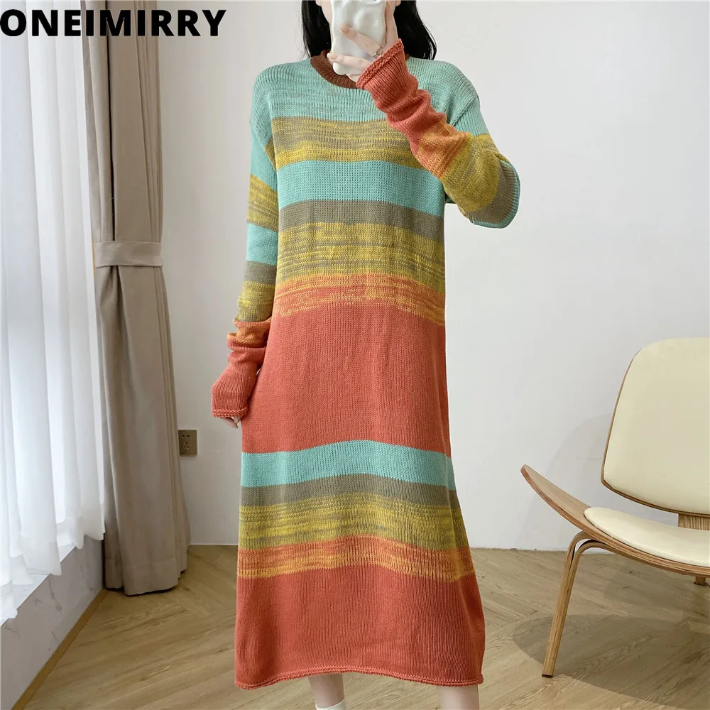 

Oneimirry Korean Striped Rainbow Dress for Women Fashion Loose Knitted Midi Dresses Female Vestidos Clothing Autumn Winter 2023