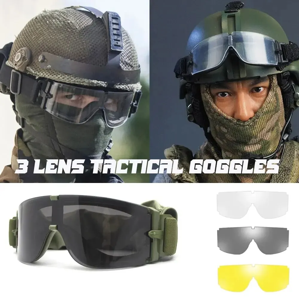 Tactical Goggles 3 Lens Windproof Dustproof Shooting Motocross Motorcycle Mountaineering CS Safe Protection