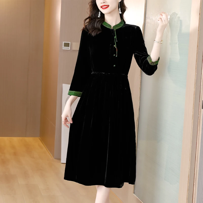 

Women Dress High-Grade Large Size Mothe Loaded Autumn Gold Velvet Dress Female New Loose Hosted Age Solid Dress