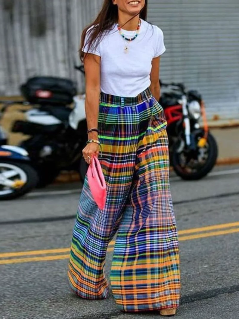 Lemongor 2023 New Arrivals Stylish Selection Wide Leg Pants Summer Checkerboard Printed Loose Casual Going Out Bottoms For Women vansvans vans casual shoes vn0a7q5rtyq checkerboard