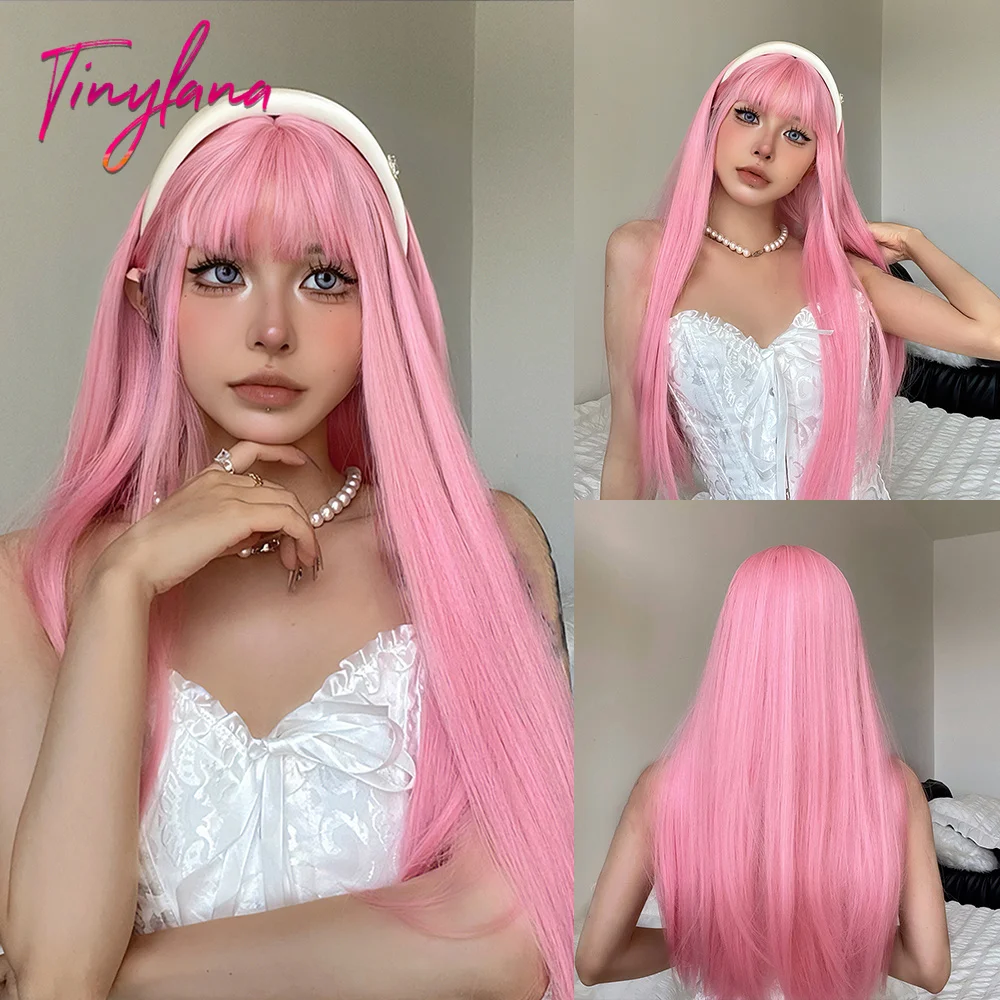 Parrucche sintetiche lunghe dritte rosa chiaro con frangia Cosplay Halloween Lolita parrucca colorata per le donne Afro naturale resistente al calore