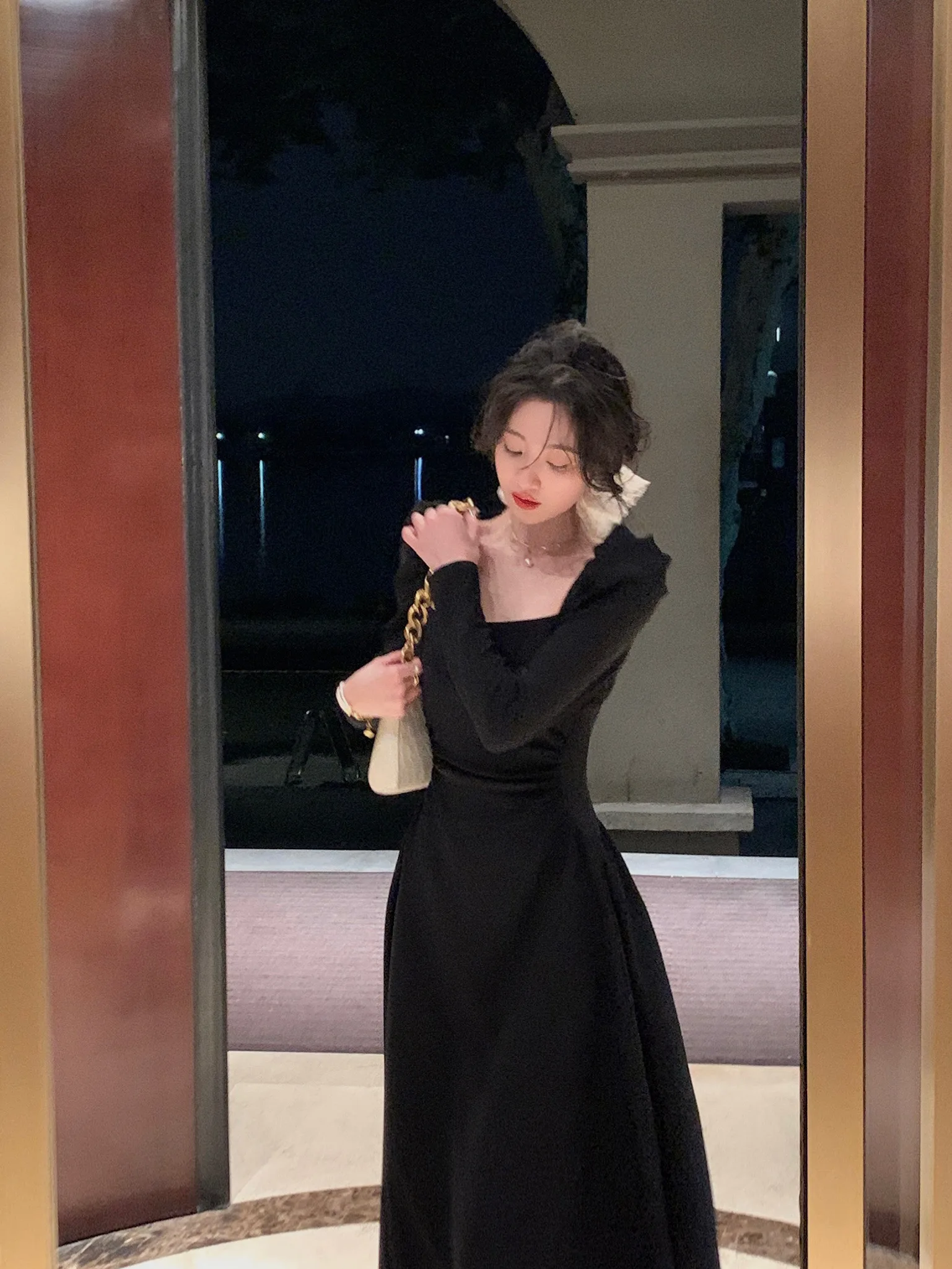 Spring New Elegant Square Collar Midi Party Dresses for Women Long Sleeve Black White Slim Vestidos Female High Waist Clothes