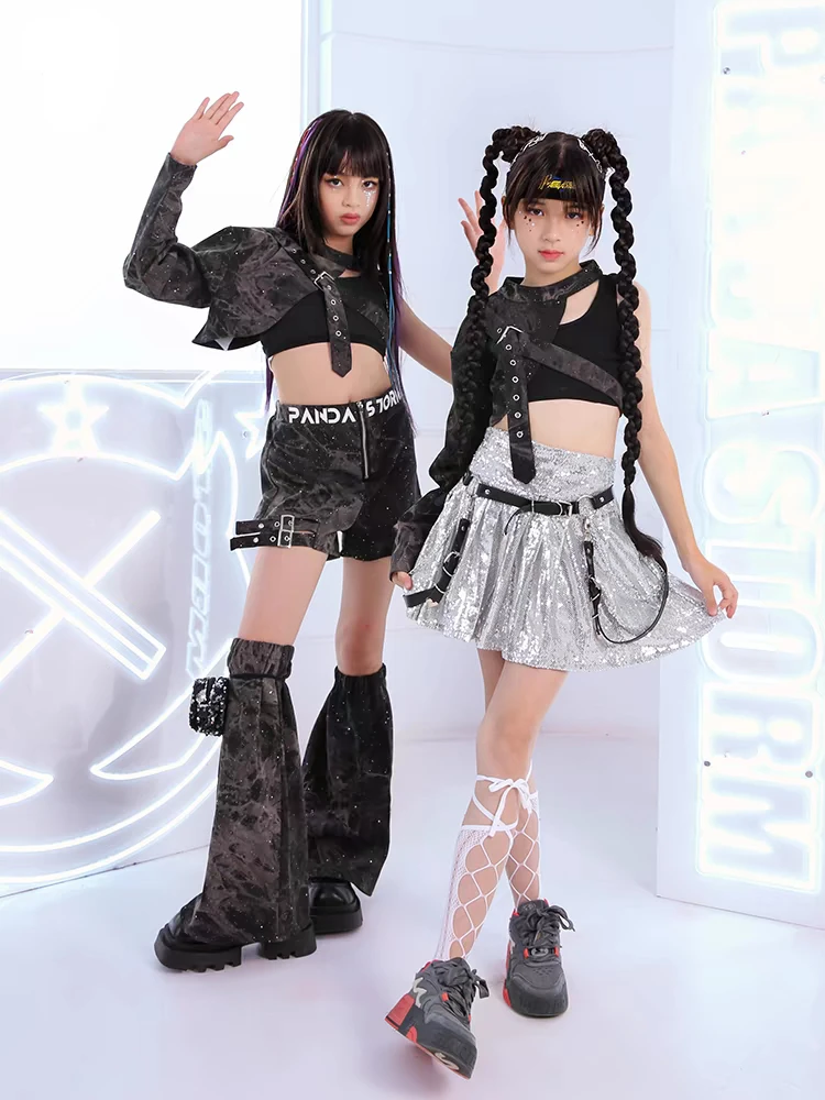Kids Jazz Hip-Hop Dance Performance Costumes One-Sleeve Tops Silver Skirt Girls Stage Outfit Rave Modern Street Dance Clothes